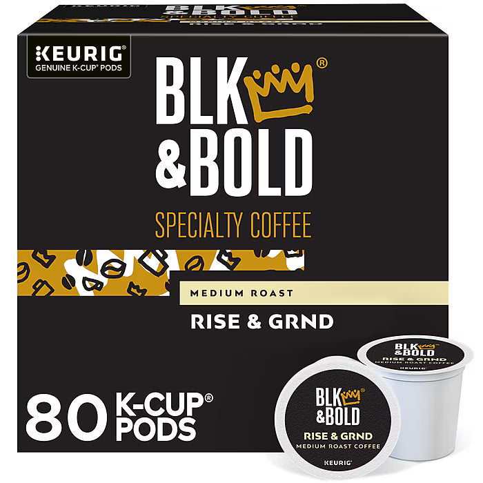 Blk & Bold Rise & Grind coffee K-cups box with 80 single-serve coffee pods for Keurig brewers, featuring bold coffee branding.