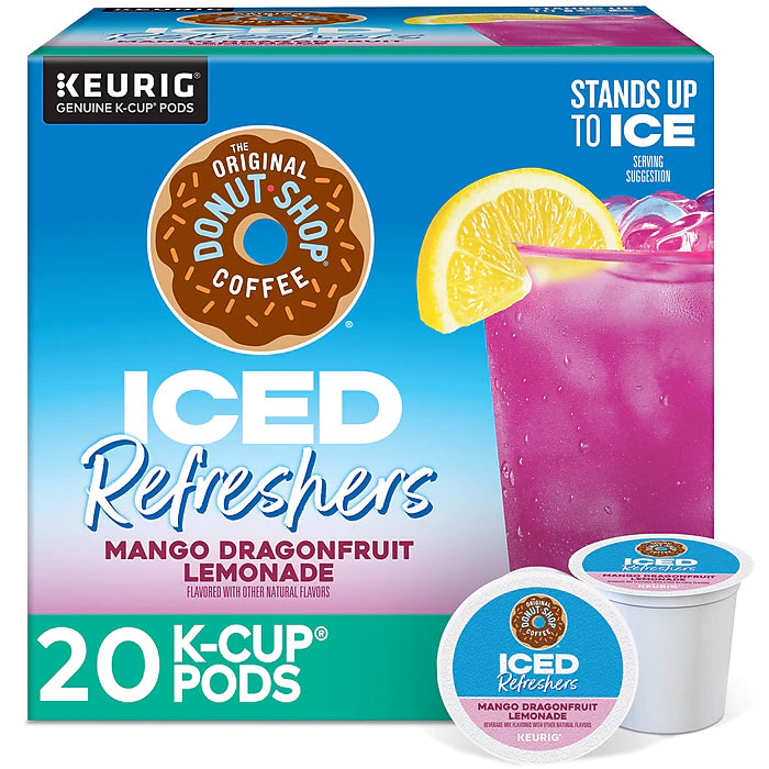 The Original Donut Shop Mango Dragonfruit Lemonade Iced Refresher K-Cup box, showing colorful packaging with individual K-Cups.