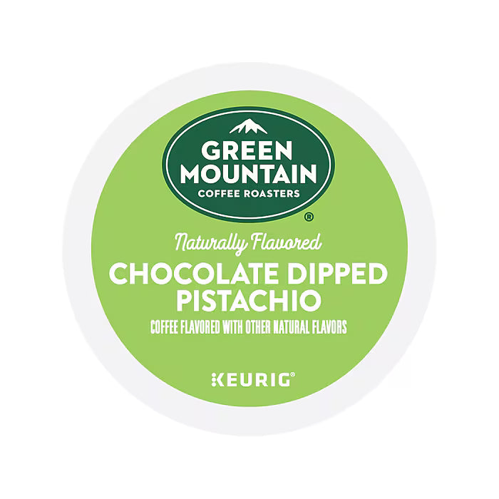 image Green Mountain Coffee Roasters chocolate-dipped pistachio K-Cups box with 24 cups in a bright, colorful packaging design.