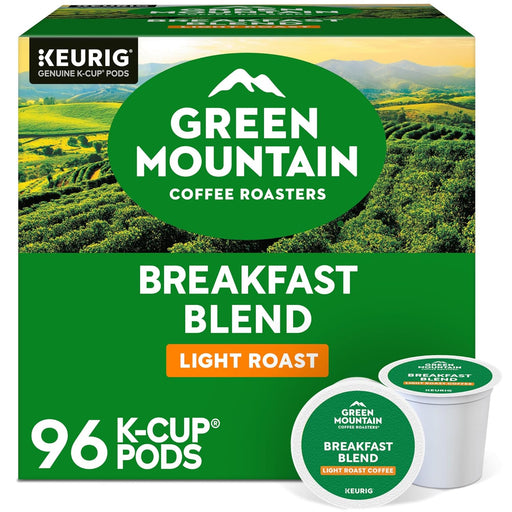 Green Mountain Coffee Roasters Breakfast Blend K-Cups, 96-count box, with green packaging and individual coffee pods visible.