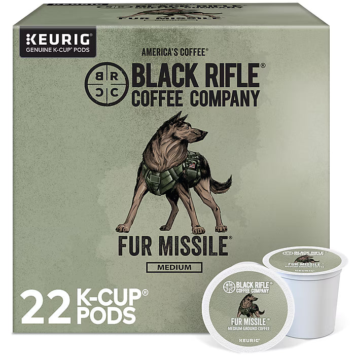 Black Rifle Coffee Company BlackFurMissle K-Cups box with 88 coffee pods for single-serve brewing.