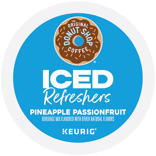The Original Donut Shop Pineapple Passionfruit Iced K-Cup box with 80 single-serve coffee pods for brewing iced pineapple passionfruit coffee.
