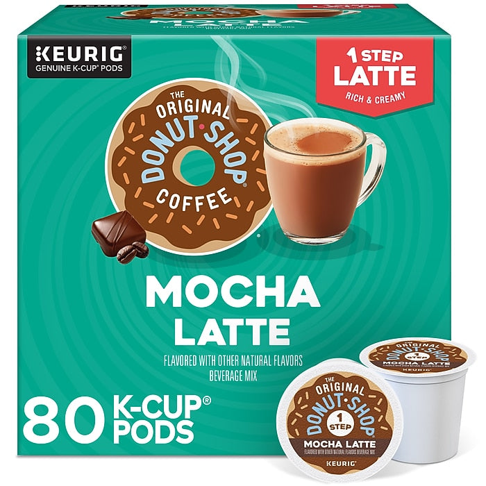 Box of The Original Donut Shop Mocha Latte K-Cups for Keurig, showing 80 individual coffee pods with mocha latte flavor.