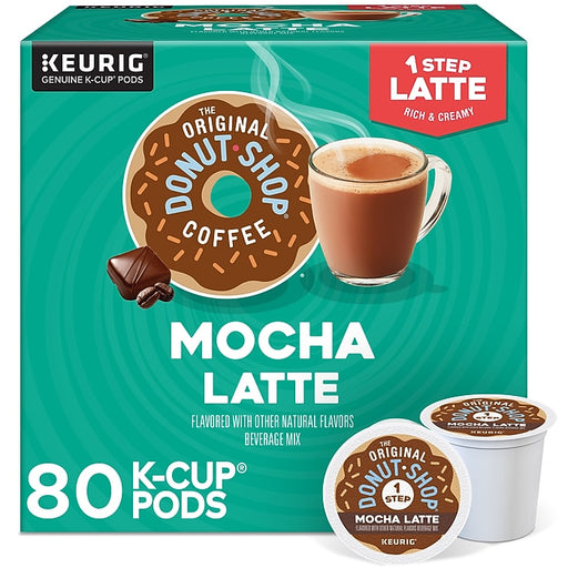 Box of The Original Donut Shop Mocha Latte K-Cups for Keurig, showing 80 individual coffee pods with mocha latte flavor.