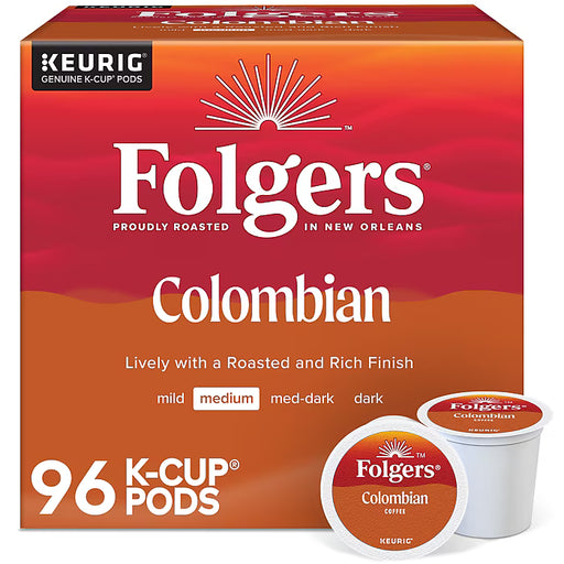 Folgers Colombian coffee K-cups box with 96 single-serve pods, featuring Folgers branding and colorful packaging.