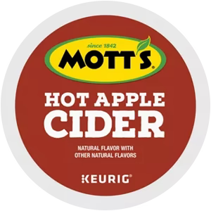 Mott's Apple Cider K-Cups pack featuring 96 single-serve pods for brewing apple cider.
