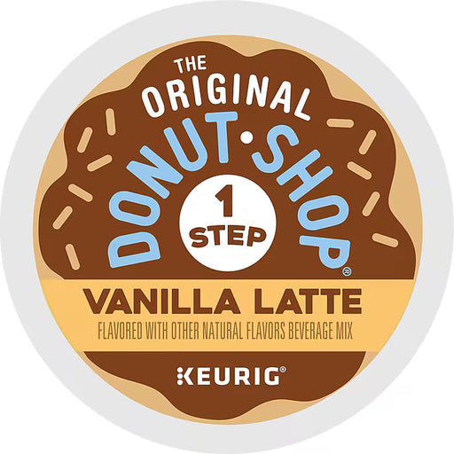 The Original Donut Shop Vanilla Latte K-Cups box with 80 single-serve coffee pods for Keurig brewers.