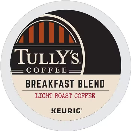 Tully's Breakfast Blend Coffee Kcups box with 96 single serve pods, featuring the Tully's brand logo and packaging design.