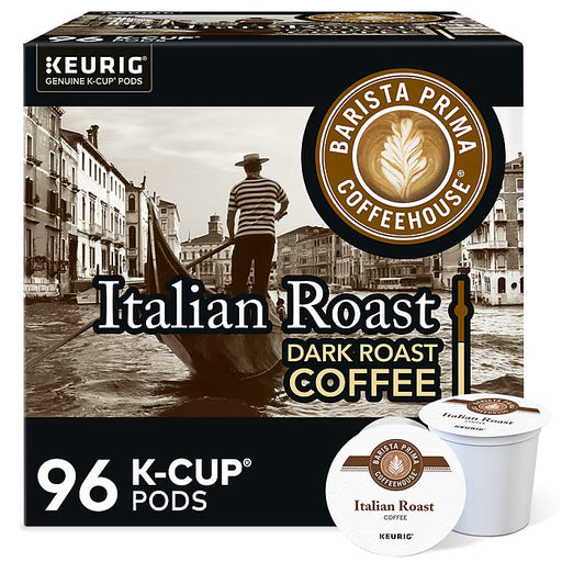 Pack of 96 Barista Prima Italian Roast Coffee Kcups showing dark roasted coffee capsules in a box.