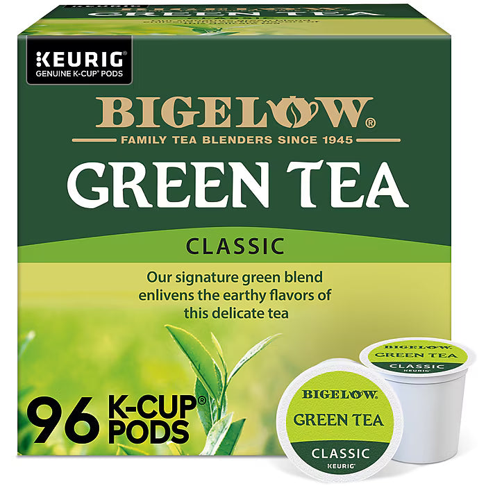 Box of Bigelow Classic Green Tea 96-count, featuring green tea bags in a tidy box, showcasing the tea brand's packaging.