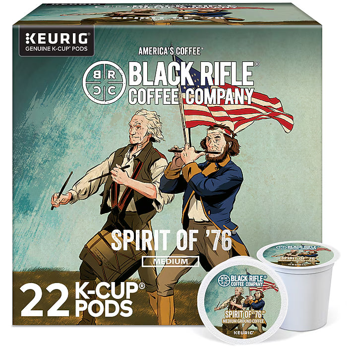 Black Rifle Coffee Spirit of '76 K-Cups box with 88 single-serve coffee pods for Keurig brewers, featuring patriotic branding.
