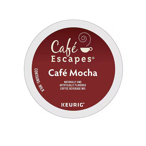 Cafe Escapes Cafe Mocha K-cup pods, 96 count, featuring rich coffee and chocolate flavor in individual single-serve capsules.
