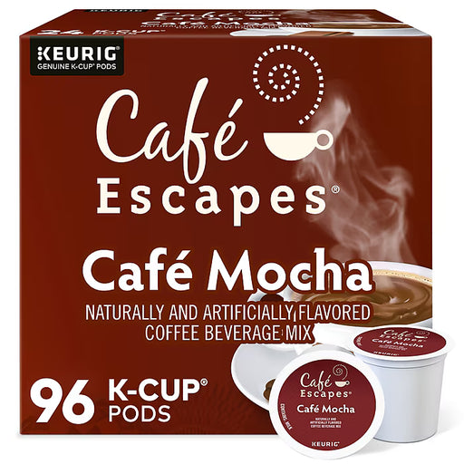 Cafe Escapes Cafe Mocha K-cup pods, 96 count, showing the coffee capsules with chocolate and coffee flavor for Keurig machines