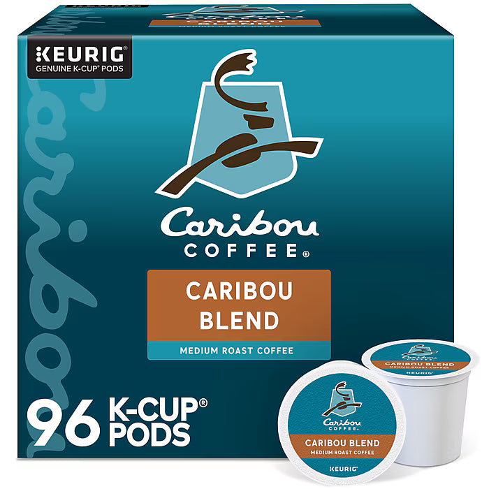 Caribou Coffee Caribou Blend K-Cups, 96 count, featuring coffee pods with rich, aromatic coffee for Keurig machines.