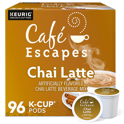 Cafe Escapes Chai Latte K-Cups box with 96 pods, featuring warm chai spice flavors and coffee blends for easy brewing.