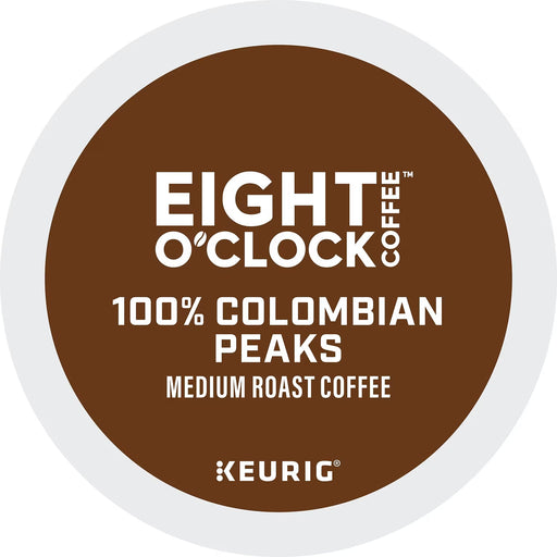 Eight O'Clock Colombian Peaks Coffee 96-count pack featuring premium roasted coffee beans in a resealable bag.