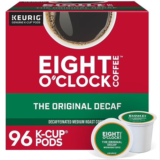 Eight O'Clock The Original Decaf K-Cup coffee pods, 96-count, showcasing the packaging for decaffeinated coffee.