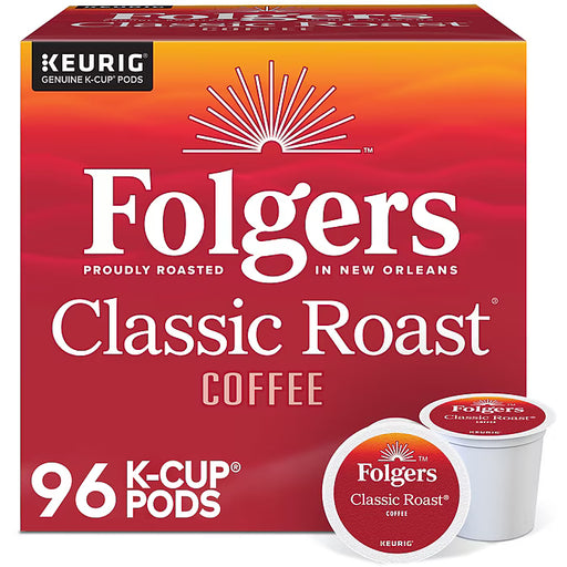 Folgers Classic Roast coffee K-Cups in a box, 96 count, compatible with Keurig coffee makers, featuring the Folgers branding and packaging.