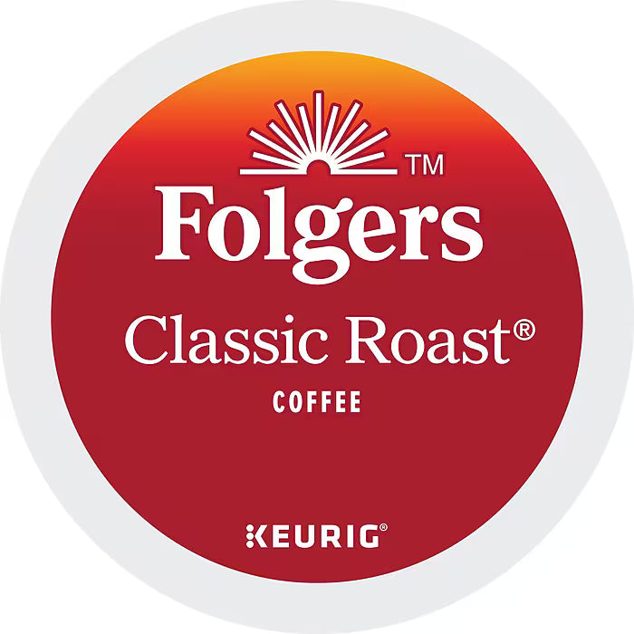 Folgers Classic Roast K-Cup pack with 96 single-serve coffee pods for Keurig brewers, featuring rich, bold coffee flavor.
