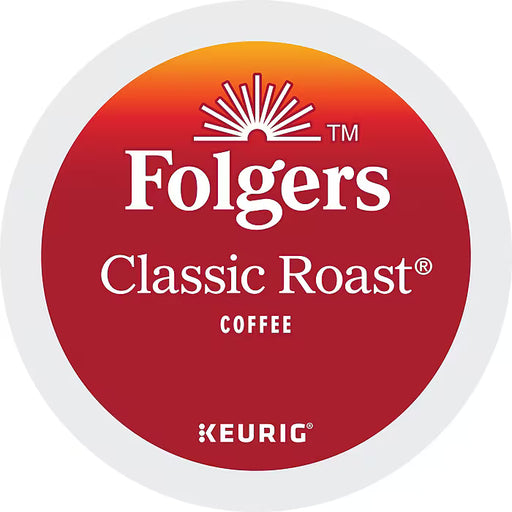 Folgers Classic Roast K-Cup pack with 96 single-serve coffee pods for Keurig brewers, featuring rich, bold coffee flavor.