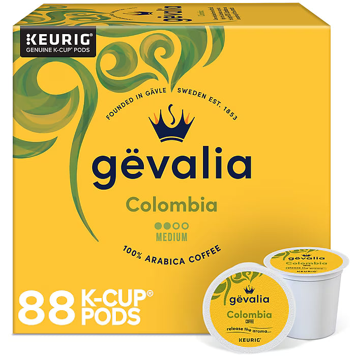 Gevalia Colombia Coffee K-Cups, 88 count, in packaging, designed for Keurig coffee makers, featuring Colombian coffee beans.