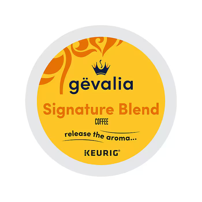 Box of Gevalia Signature Blend coffee K-Cups showing 88 single-serve pods in a white box with blue accents.