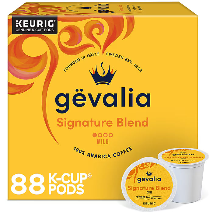 Gevalia Signature Blend coffee K-Cups in a box, single-serve coffee pods for Keurig brewers.