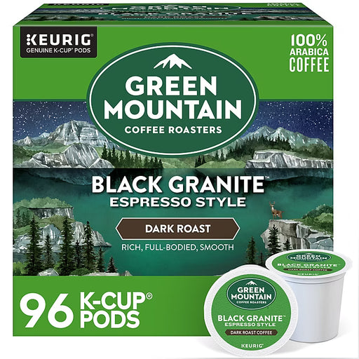 Green Mountain Black Granite Espresso K-Cups in a 96-count box, featuring dark roasted coffee capsules from Green Mountain Coffee Roasters.