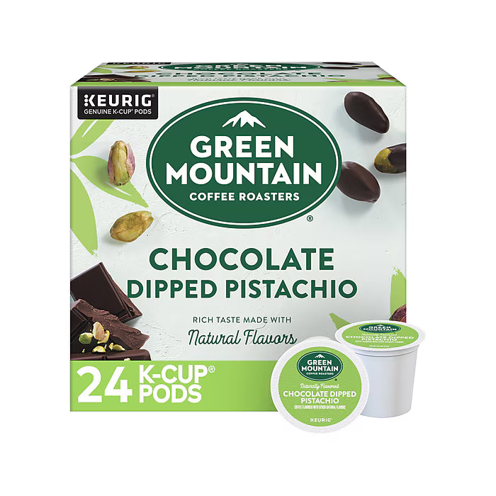 Green Mountain Coffee Roasters Chocolate Dipped Pistachio K-Cup pod for Keurig machines, showing a green and chocolate-colored capsule.