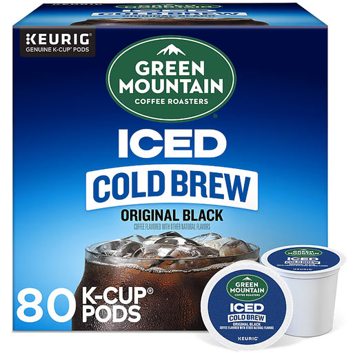 Green Mountain Coffee Roasters Classic Black Iced K-Cups in a box of 80, featuring black coffee capsules for Keurig brewers.