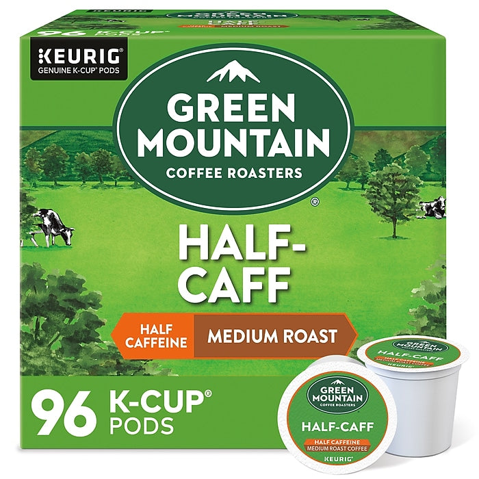 Green Mountain Coffee Roasters Half-Caff K-Cups for Keurig, 96 count, featuring green packaging with coffee pods for brewing.