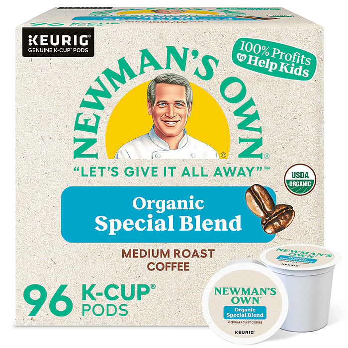 Newman's Own Special Blend coffee K-Cups, 96-count, single-serve coffee pods in a box, ideal for Keurig coffee makers.