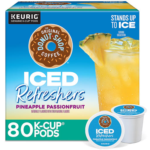 The Original Donut Shop Pineapple Passionfruit Iced K-Cup box with colorful packaging and the K-Cup pods visible.