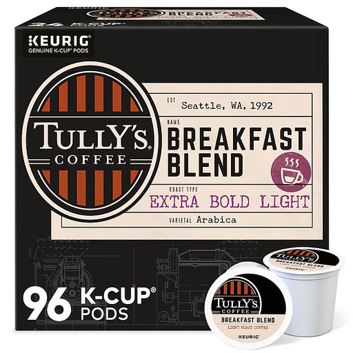 Tully's Breakfast Blend Coffee Kcups 96-pack, featuring aromatic single-serve coffee pods with rich, smooth flavor.