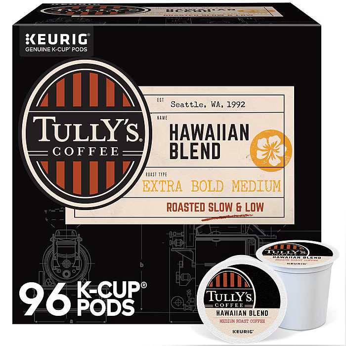 Tully's Hawaiian Blend coffee K-Cup pods, 96 count, featuring colorful packaging with Hawaiian-themed design and coffee capsules.