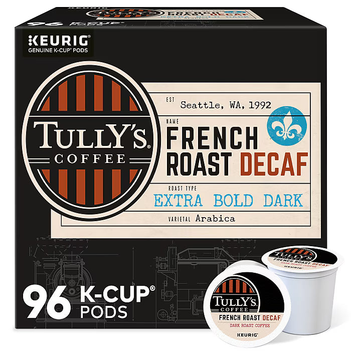 Tully's French Roast Decaf Coffee K-cups box with 96 individual coffee pods for Keurig brewers.