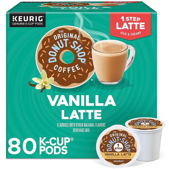 The Original Donut Shop Vanilla Latte K-Cups for Keurig, 80 count, featuring creamy vanilla latte coffee pods.